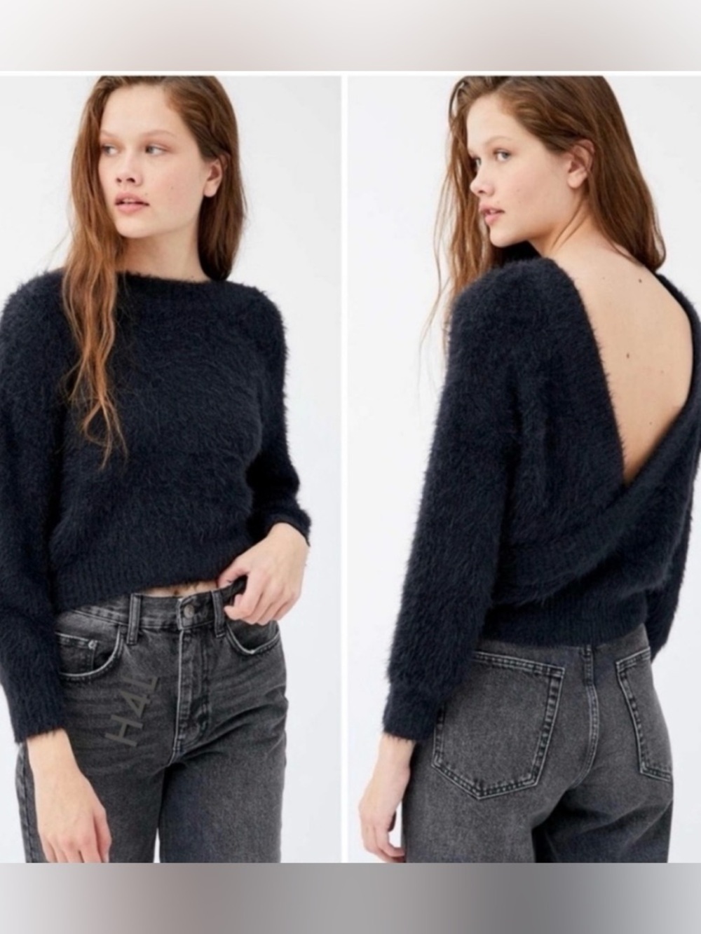 Urban Outfitters Elsa  Black Fuzzy Eyelash Surplice Sweater Size Medium